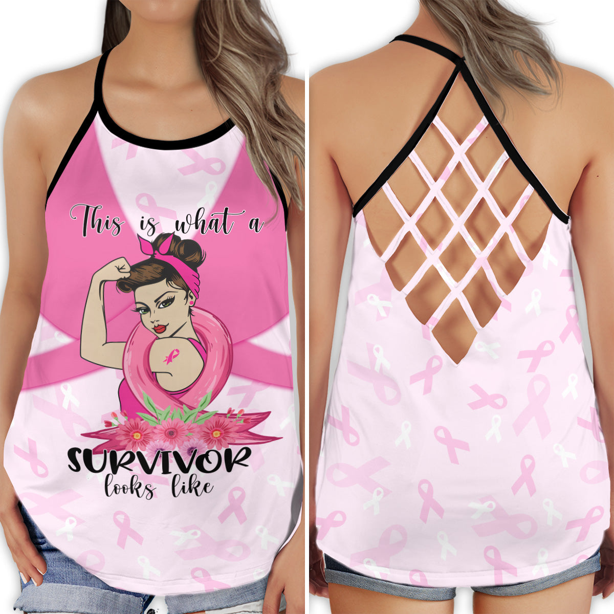 S Breast Cancer Survivor This Is What Stronger Pink - Cross Open Back Tank Top - Owls Matrix LTD