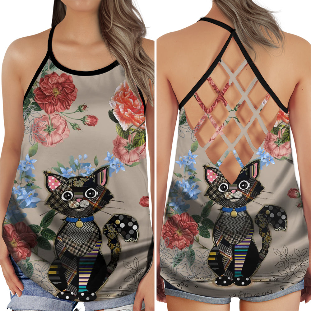 S Cat Love Peaceful Summer With Beautiful Flower - Cross Open Back Tank Top - Owls Matrix LTD
