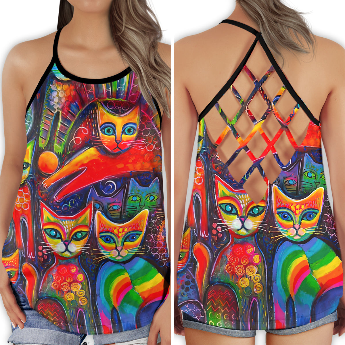S Cat Rainbow Colorfull Love It - Cross Open Back Tank Top - Owls Matrix LTD