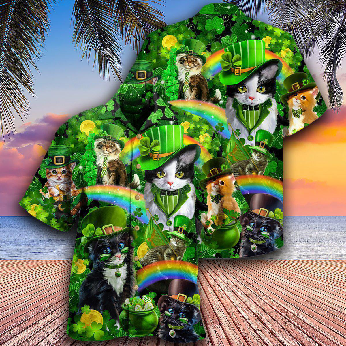 Irish Saint Patricks Day Cats Shamrocks - Hawaiian Shirt - Owls Matrix LTD