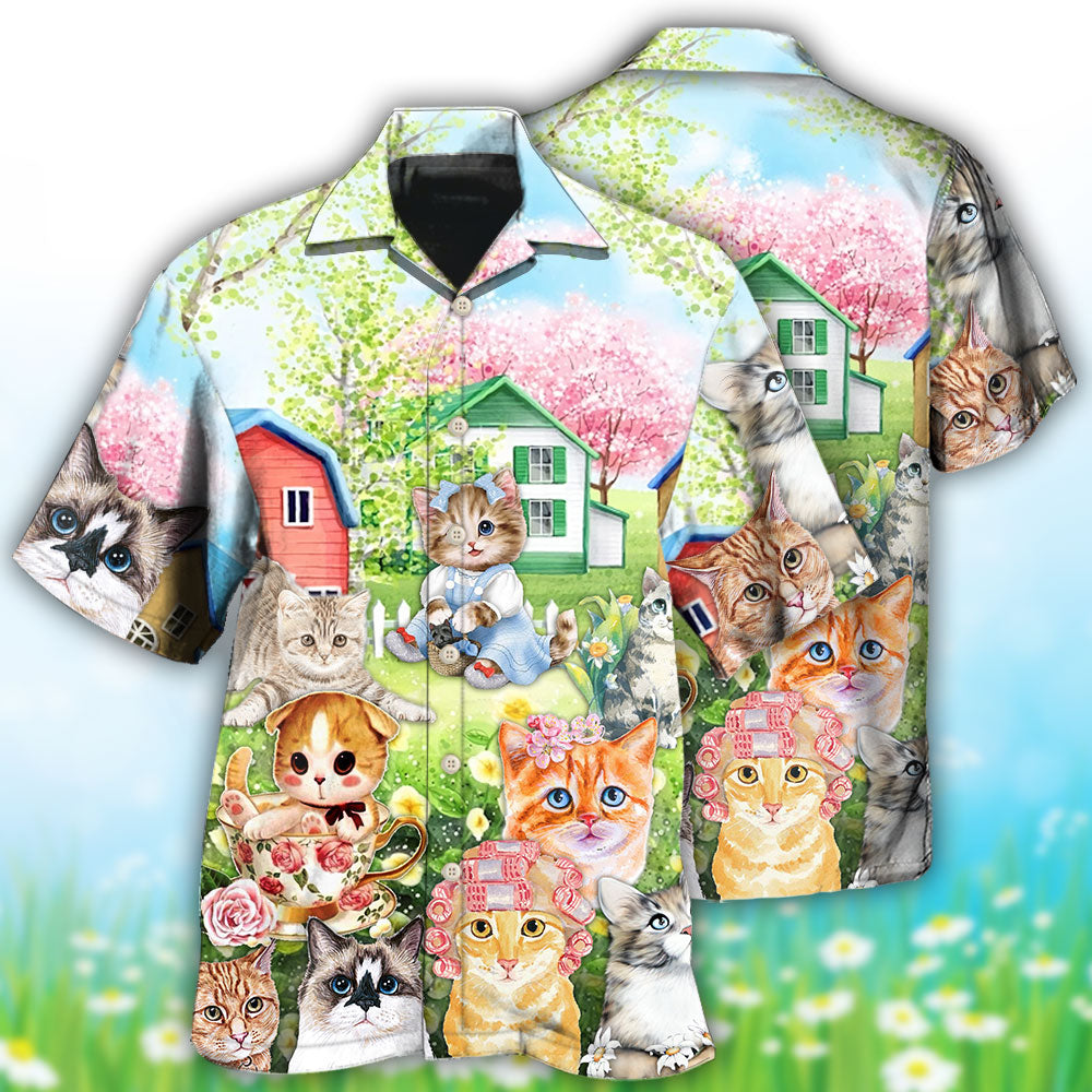 Cat Flowers And Lovely House Art - Hawaiian Shirt - Owls Matrix LTD