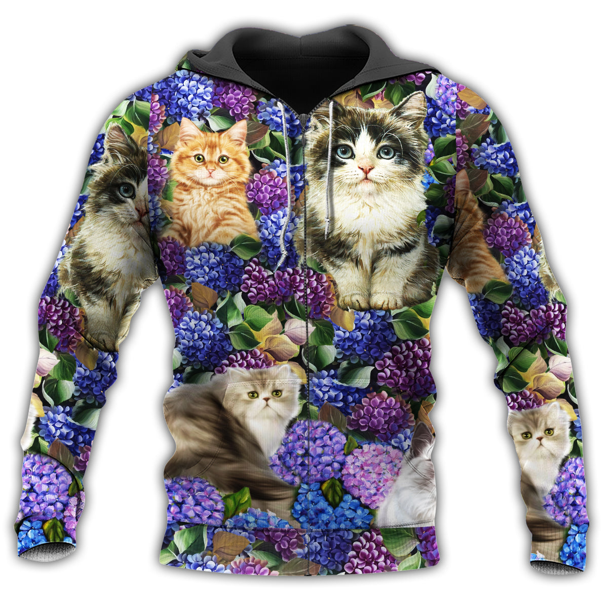 Zip Hoodie / S Cat Lovely And Purple Flowers - Hoodie - Owls Matrix LTD