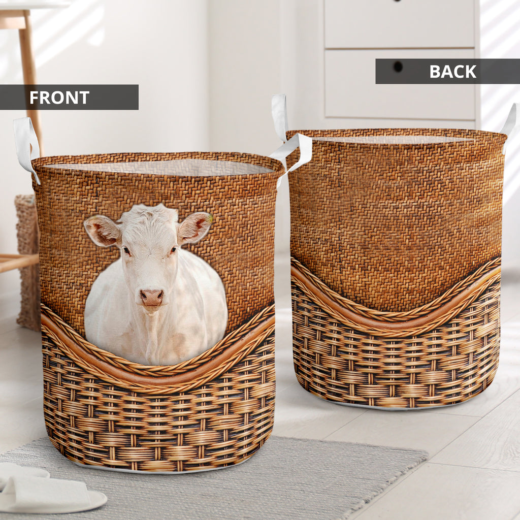 Charolais Cow Rattan Teaxture - Laundry Basket - Owls Matrix LTD