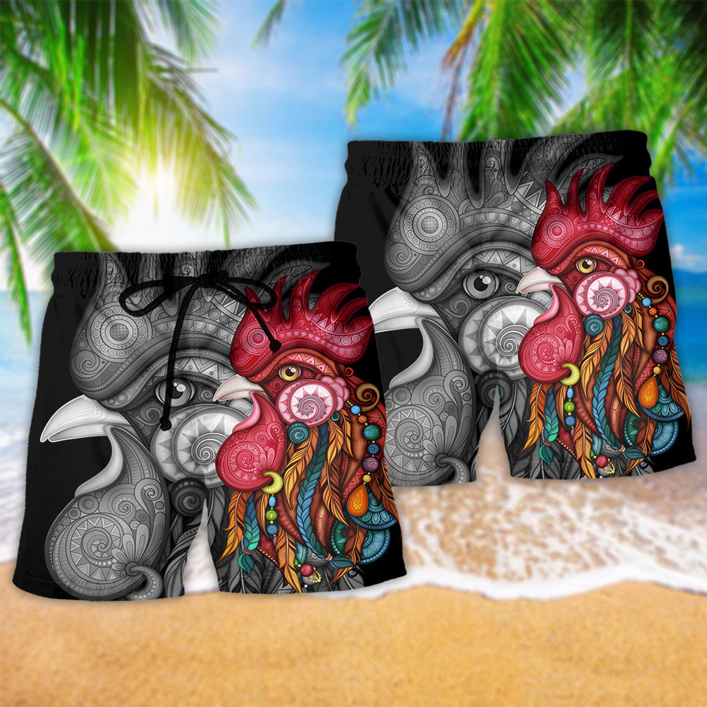 Chicken Rooster Black And Color Style - Beach Short - Owls Matrix LTD