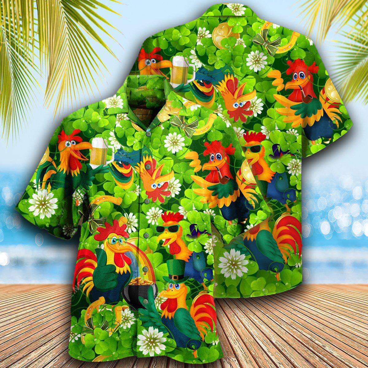 Chicken Roosters Bring Luck Shamrock - Hawaiian Shirt - Owls Matrix LTD