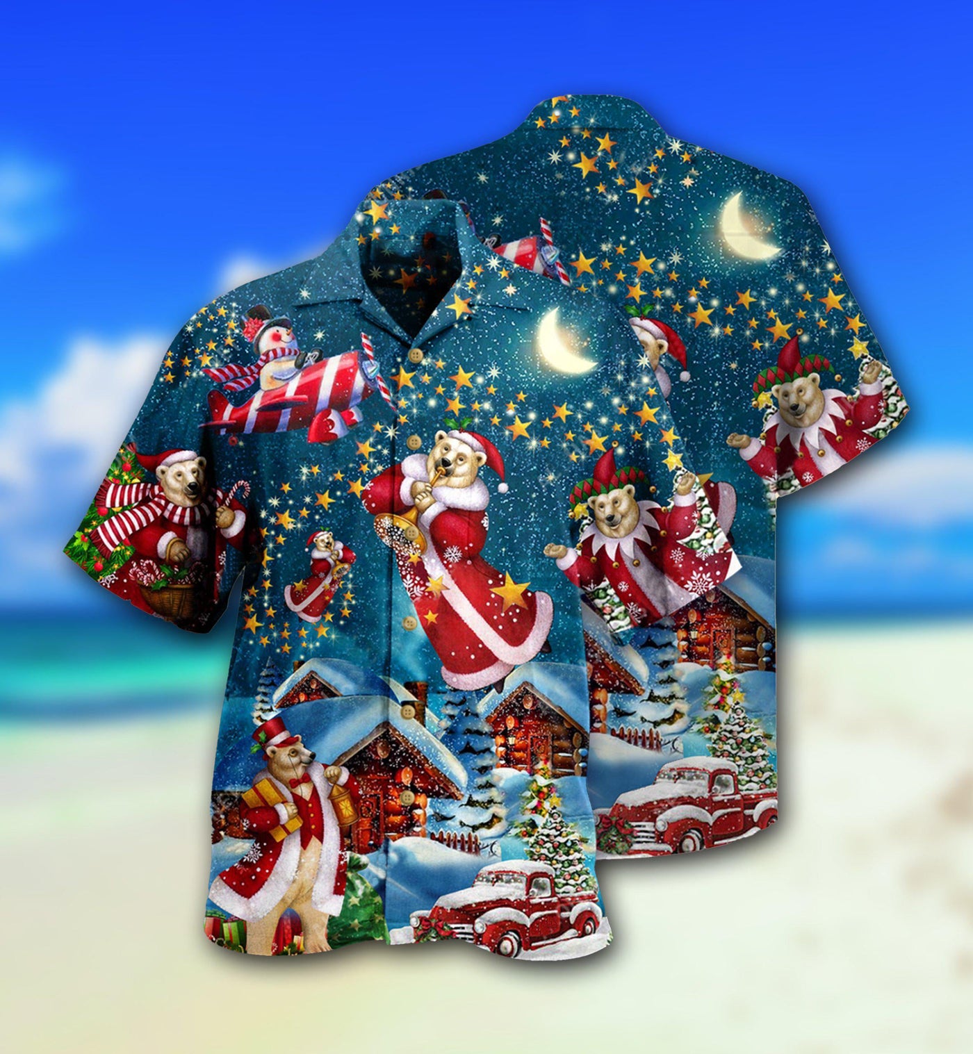 Christmas Bear Santa In The Night - Hawaiian Shirt - Owls Matrix LTD