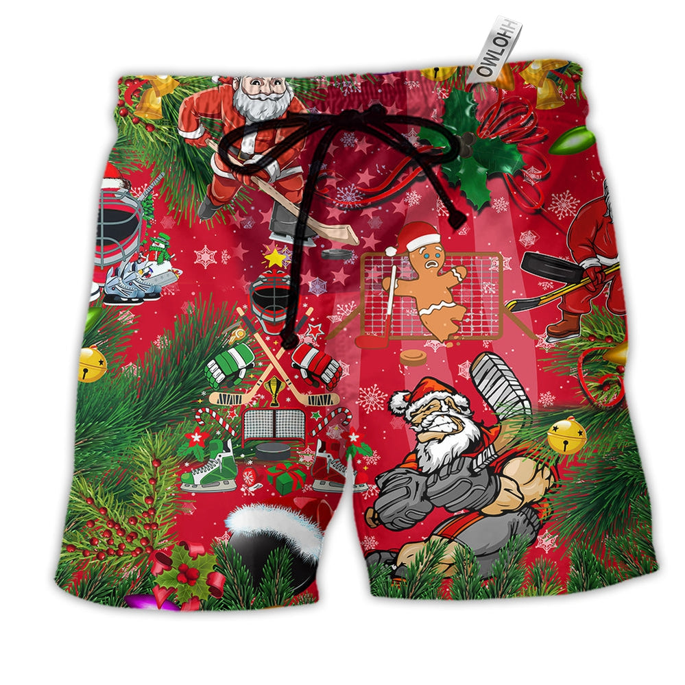 Beach Short / Adults / S Christmas Come On Play Hockey With Santa Claus And Reindeer - Beach Short - Owls Matrix LTD