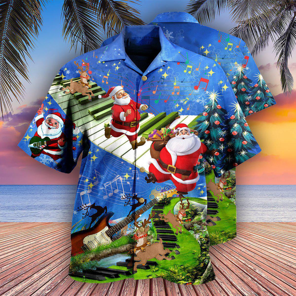 Christmas Jumping On Musical Instrument In Blue - Hawaiian Shirt - Owls Matrix LTD