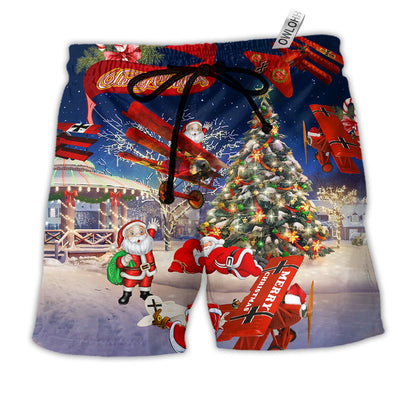 Beach Short / Adults / S Christmas No Reindeer Any More Santa Loves Airplane - Beach Short - Owls Matrix LTD