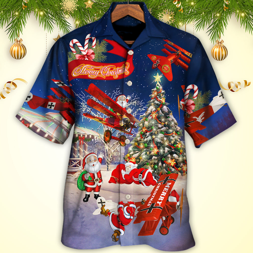 Christmas No Reindeer Any More Santa Loves Airplane In Blue - Hawaiian Shirt - Owls Matrix LTD