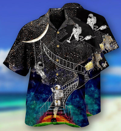 Astronaut Galaxy Climbing To The Moon - Hawaiian Shirt - Owls Matrix LTD