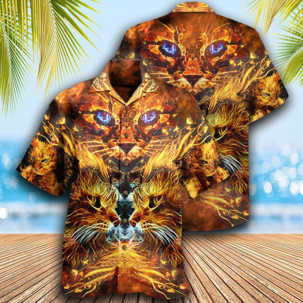 Cat Cool Flaming Cat - Hawaiian Shirt - Owls Matrix LTD