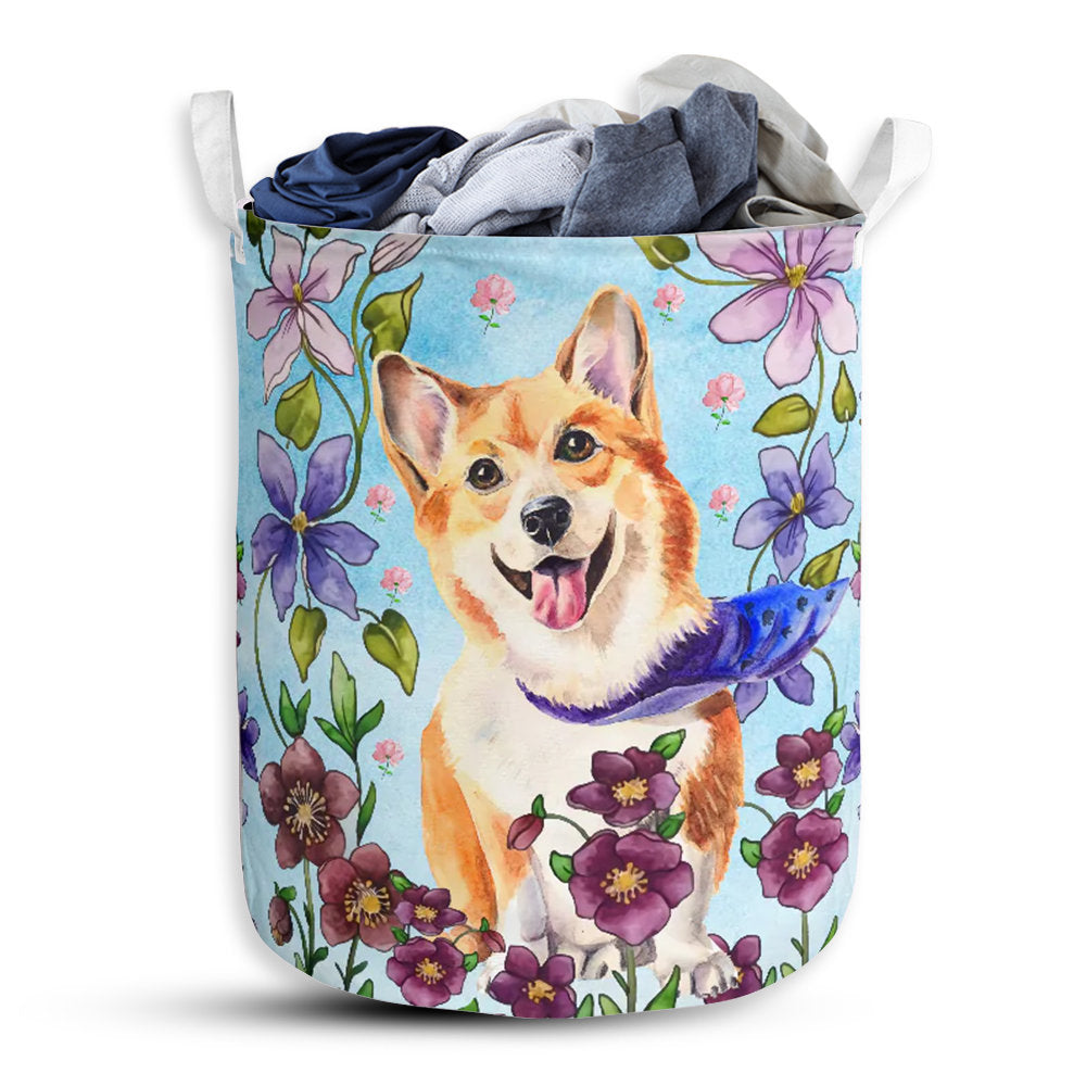 S: 17.72”x13.78” (45x35 cm) Corgi Watercolor Flower - Laundry Fasket - Owls Matrix LTD