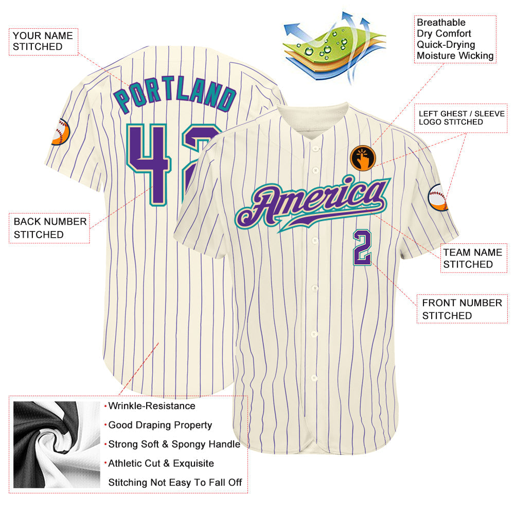 Custom Cream Purple Pinstripe Purple-Teal Authentic Baseball Jersey - Owls Matrix LTD