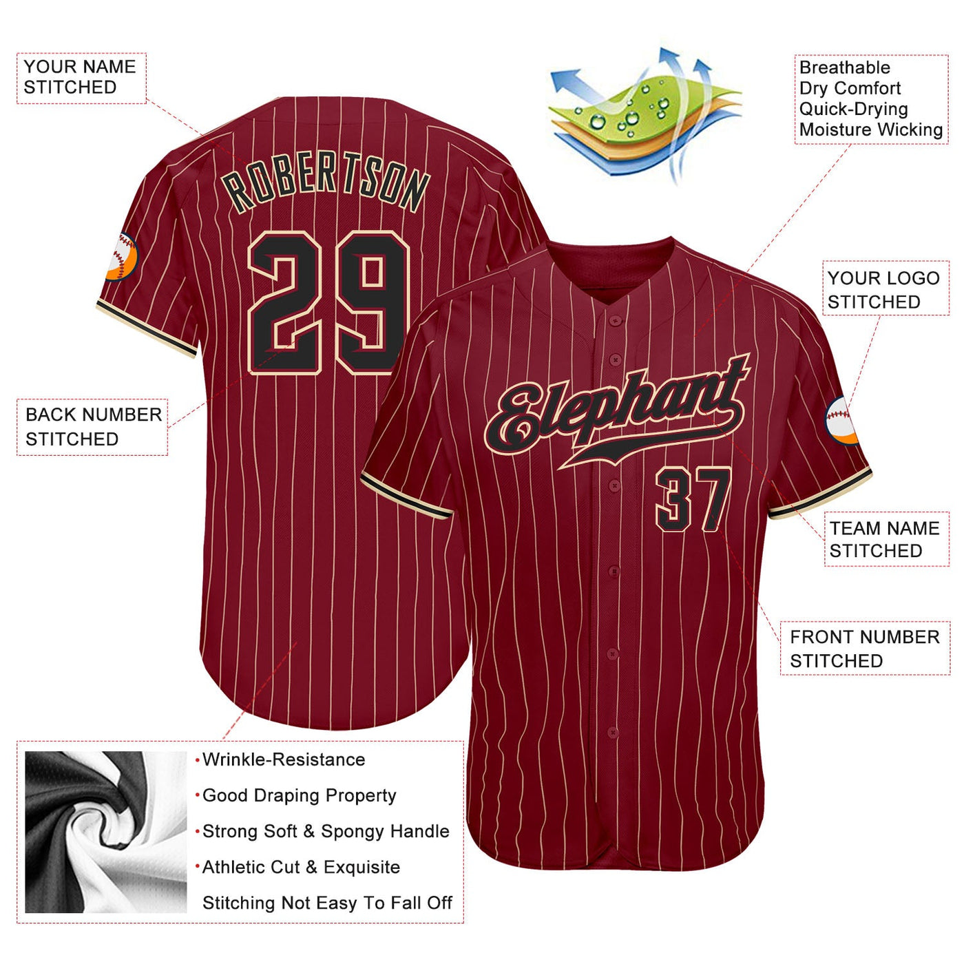 Custom Crimson Cream Pinstripe Black-Khaki Authentic Baseball Jersey - Owls Matrix LTD