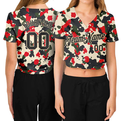 Custom Women's Camo Black-Cream Salute To Service V-Neck Cropped Baseball Jersey - Owls Matrix LTD