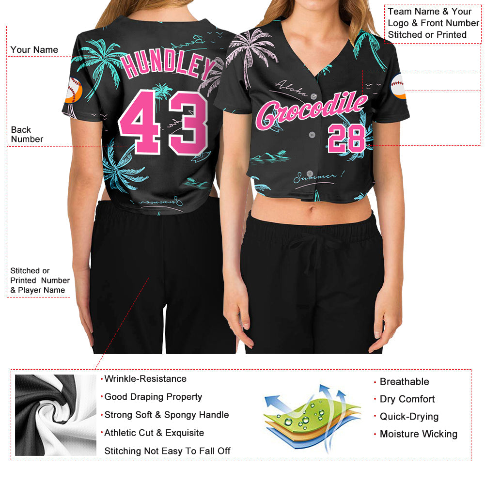 Custom Women's Black Pink-White Hawaii Palm Trees 3D V-Neck Cropped Baseball Jersey - Owls Matrix LTD