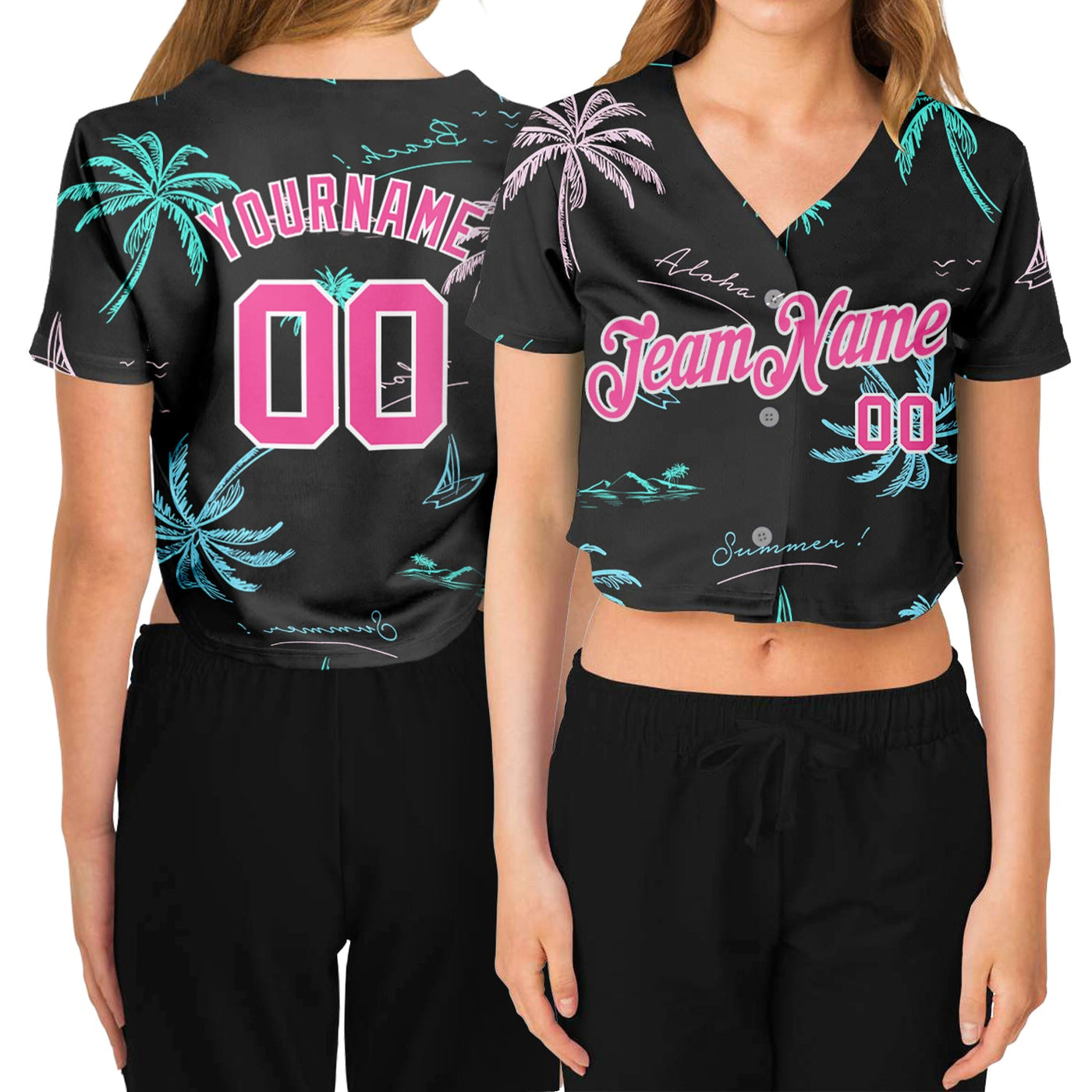 Custom Women's Black Pink-White Hawaii Palm Trees 3D V-Neck Cropped Baseball Jersey - Owls Matrix LTD