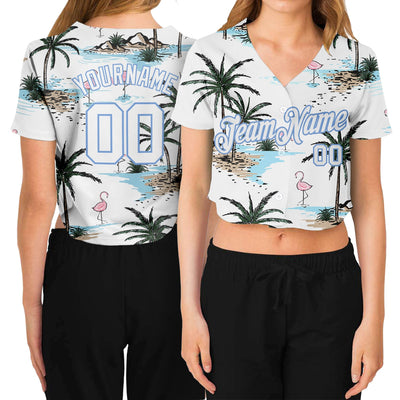 Custom Women's White White-Light Blue Hawaii Palm Trees 3D V-Neck Cropped Baseball Jersey - Owls Matrix LTD