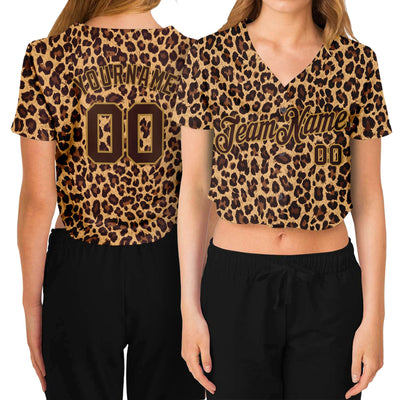 Custom Women's Brown Brown-Old Gold Leopard 3D V-Neck Cropped Baseball Jersey - Owls Matrix LTD