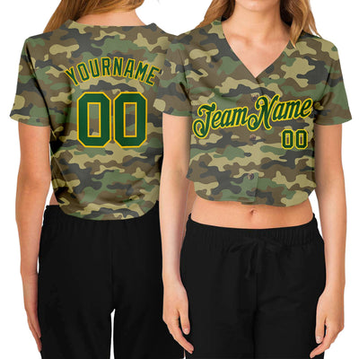 Custom Women's Camo Green-Gold Salute To Service V-Neck Cropped Baseball Jersey - Owls Matrix LTD
