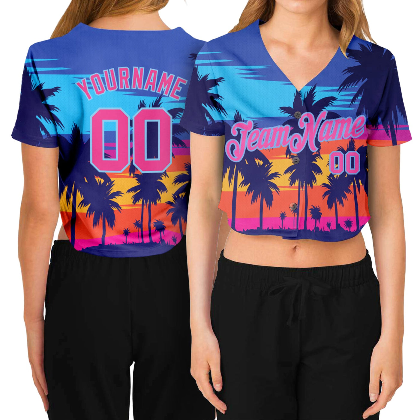 Custom Women's Royal Pink-Light Blue Hawaii Palm Trees 3D V-Neck Cropped Baseball Jersey - Owls Matrix LTD
