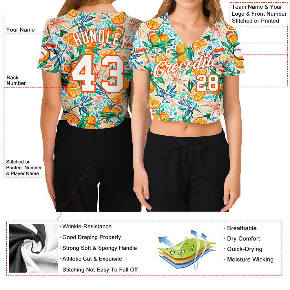 Custom Women's White White-Orange Fruits 3D V-Neck Cropped Baseball Jersey - Owls Matrix LTD