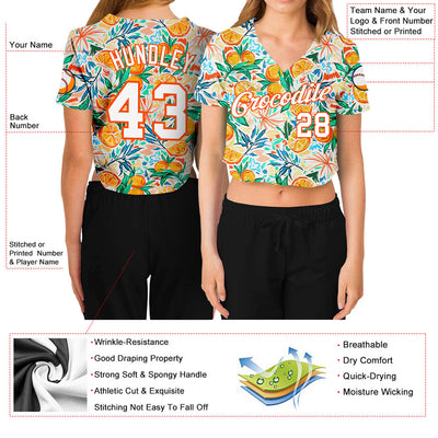 Custom Women's White White-Orange Fruits 3D V-Neck Cropped Baseball Jersey - Owls Matrix LTD
