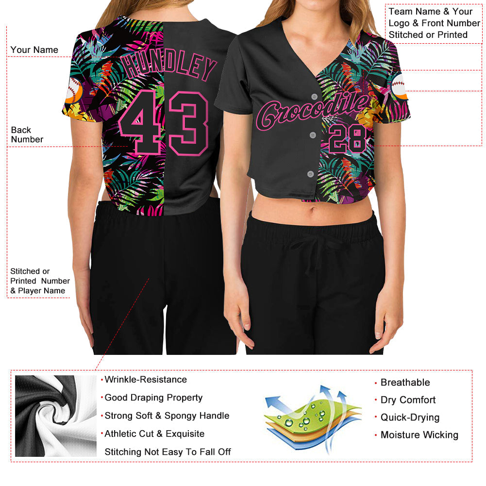 Custom Women's Black Black-Pink Tropical Palm Leaves 3D V-Neck Cropped Baseball Jersey - Owls Matrix LTD
