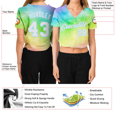 Custom Women's Tie Dye White-Light Blue Rainbow 3D V-Neck Cropped Baseball Jersey - Owls Matrix LTD