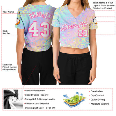 Custom Women's Pink White Leopard 3D V-Neck Cropped Baseball Jersey - Owls Matrix LTD
