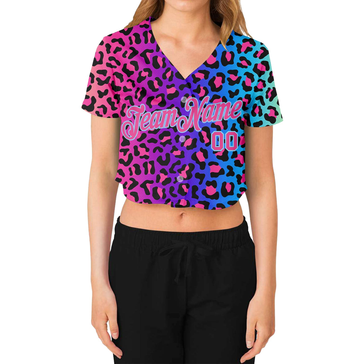 Custom Women's Purple Pink-Light Blue Leopard 3D V-Neck Cropped Baseball Jersey - Owls Matrix LTD