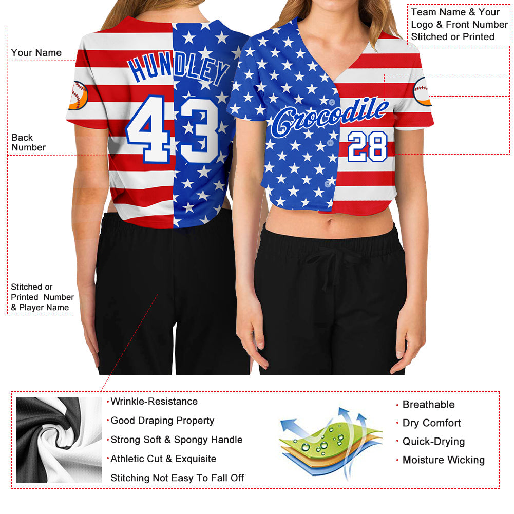 Custom Women's Royal White-Red American Flag Fashion 3D V-Neck Cropped Baseball Jersey - Owls Matrix LTD