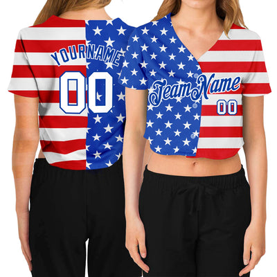 Custom Women's Royal White-Red American Flag Fashion 3D V-Neck Cropped Baseball Jersey - Owls Matrix LTD