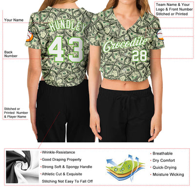 Custom Women's Green White-Neon Green Dollar 3D V-Neck Cropped Baseball Jersey - Owls Matrix LTD
