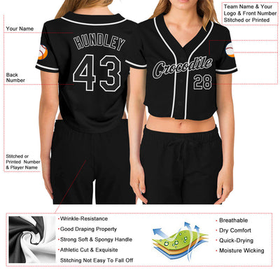Custom Women's Black Black-White V-Neck Cropped Baseball Jersey - Owls Matrix LTD