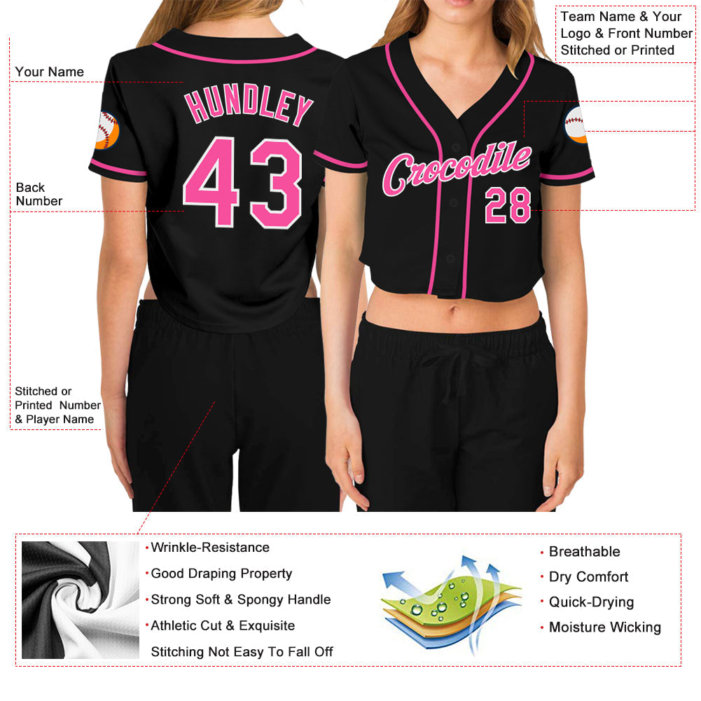 Custom Women's Black Pink-White V-Neck Cropped Baseball Jersey - Owls Matrix LTD