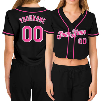 Custom Women's Black Pink-White V-Neck Cropped Baseball Jersey - Owls Matrix LTD