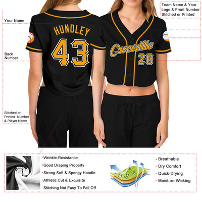 Custom Women's Black Gold-White V-Neck Cropped Baseball Jersey - Owls Matrix LTD