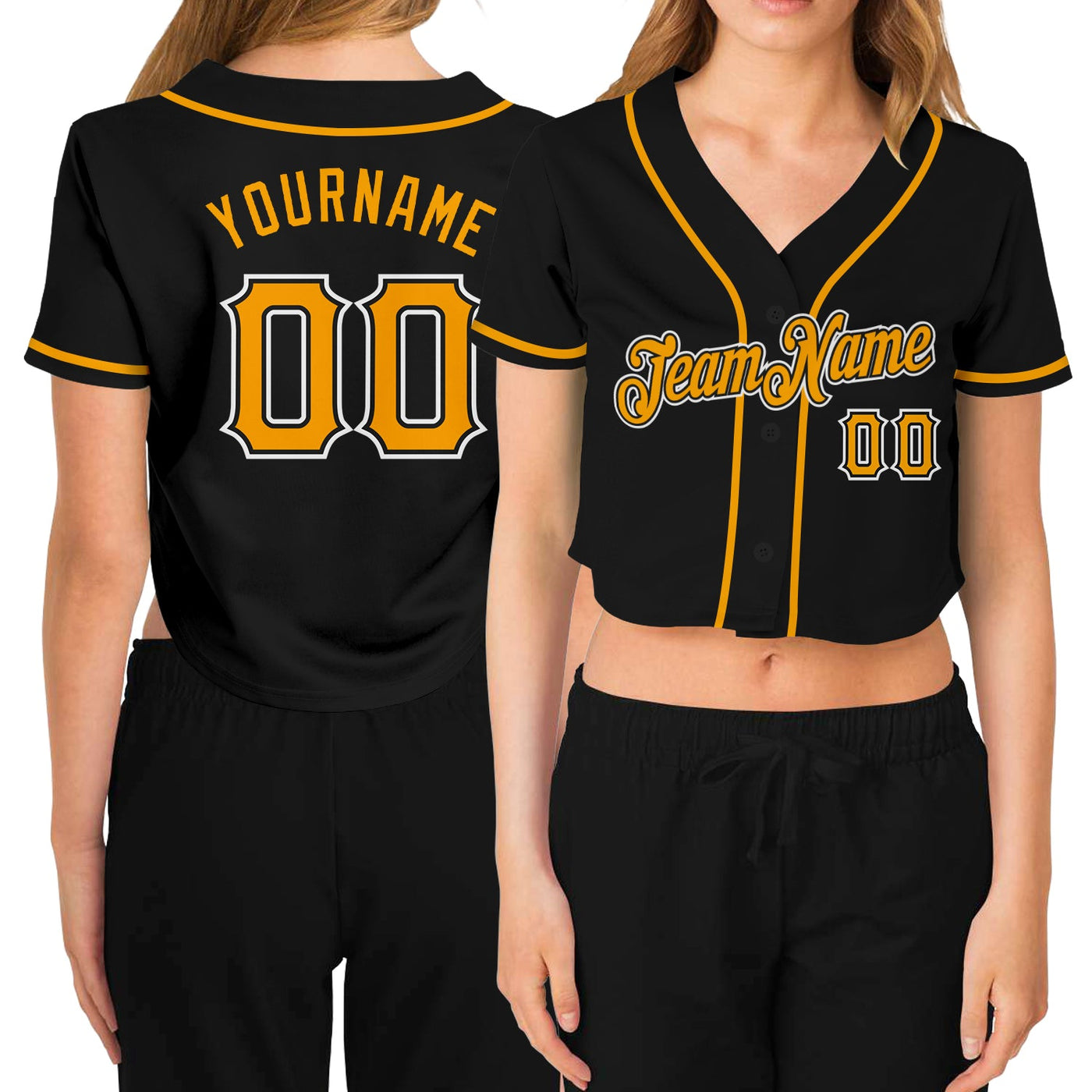 Custom Women's Black Gold-White V-Neck Cropped Baseball Jersey - Owls Matrix LTD