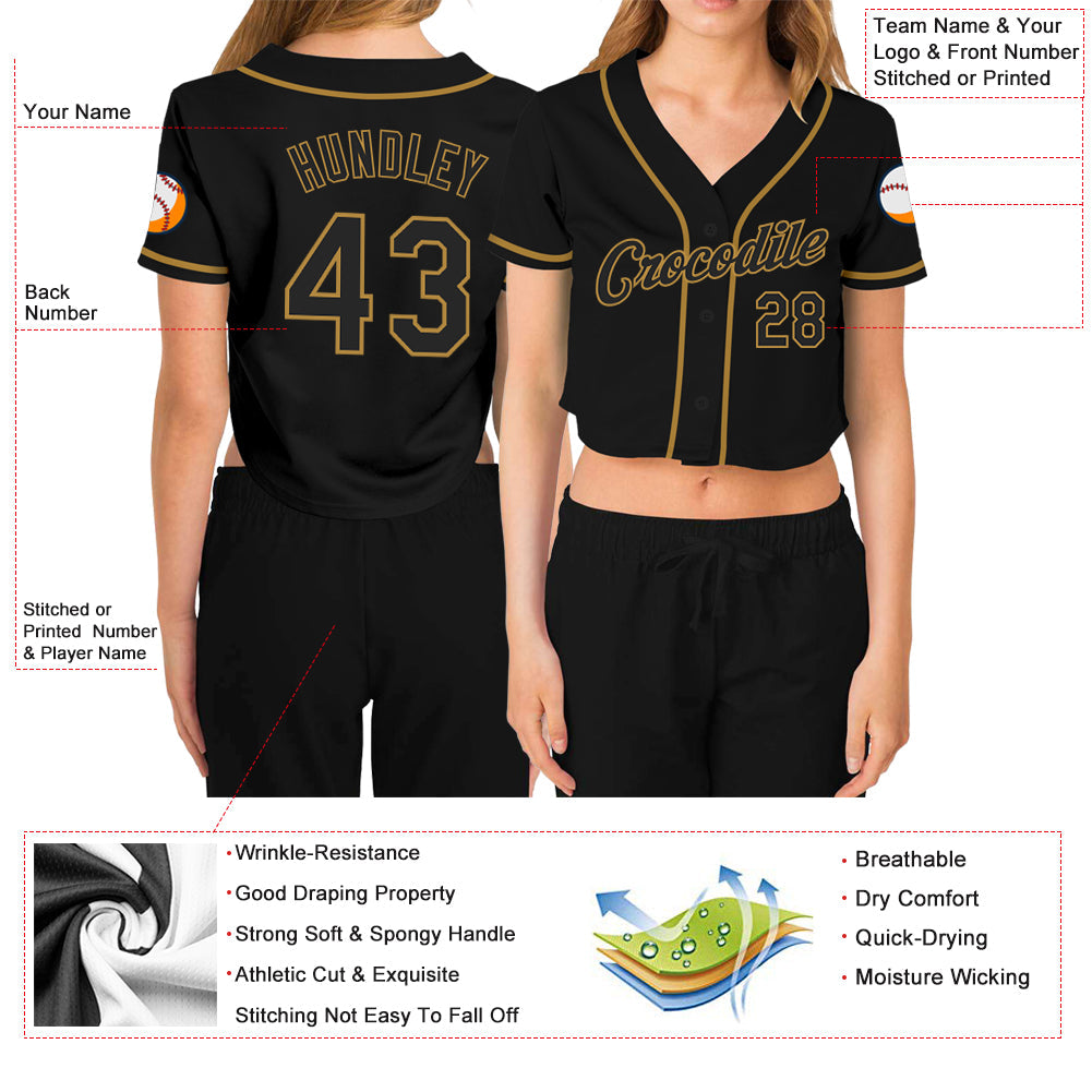 Custom Women's Black Black-Old Gold V-Neck Cropped Baseball Jersey - Owls Matrix LTD