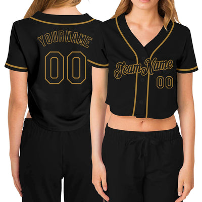 Custom Women's Black Black-Old Gold V-Neck Cropped Baseball Jersey - Owls Matrix LTD