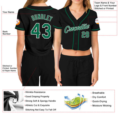 Custom Women's Black Kelly Green-White V-Neck Cropped Baseball Jersey - Owls Matrix LTD