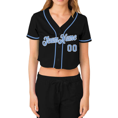 Custom Women's Black Light Blue-White V-Neck Cropped Baseball Jersey - Owls Matrix LTD