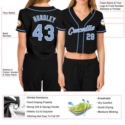 Custom Women's Black Light Blue-White V-Neck Cropped Baseball Jersey - Owls Matrix LTD