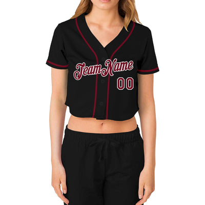 Custom Women's Black Crimson-White V-Neck Cropped Baseball Jersey - Owls Matrix LTD