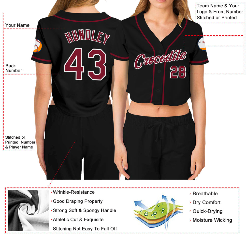 Custom Women's Black Crimson-White V-Neck Cropped Baseball Jersey - Owls Matrix LTD