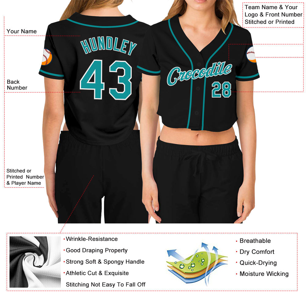 Custom Women's Black Aqua-White V-Neck Cropped Baseball Jersey - Owls Matrix LTD