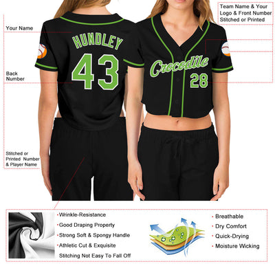 Custom Women's Black Neon Green-White V-Neck Cropped Baseball Jersey - Owls Matrix LTD