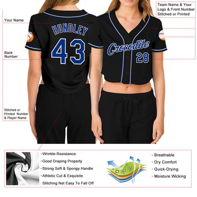 Custom Women's Black Royal-White V-Neck Cropped Baseball Jersey - Owls Matrix LTD